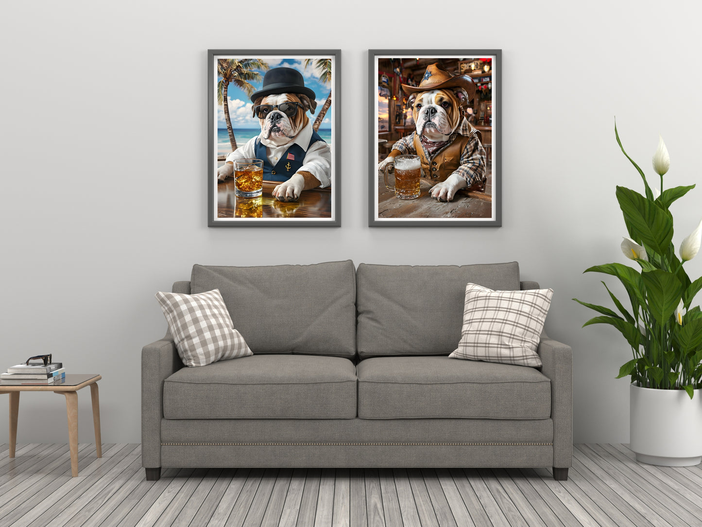 Funny bulldogs in dapper outfits drinking, a wall decor collection.

