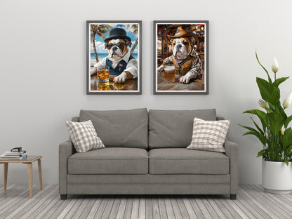 Funny bulldogs in dapper outfits drinking, a wall decor collection.

