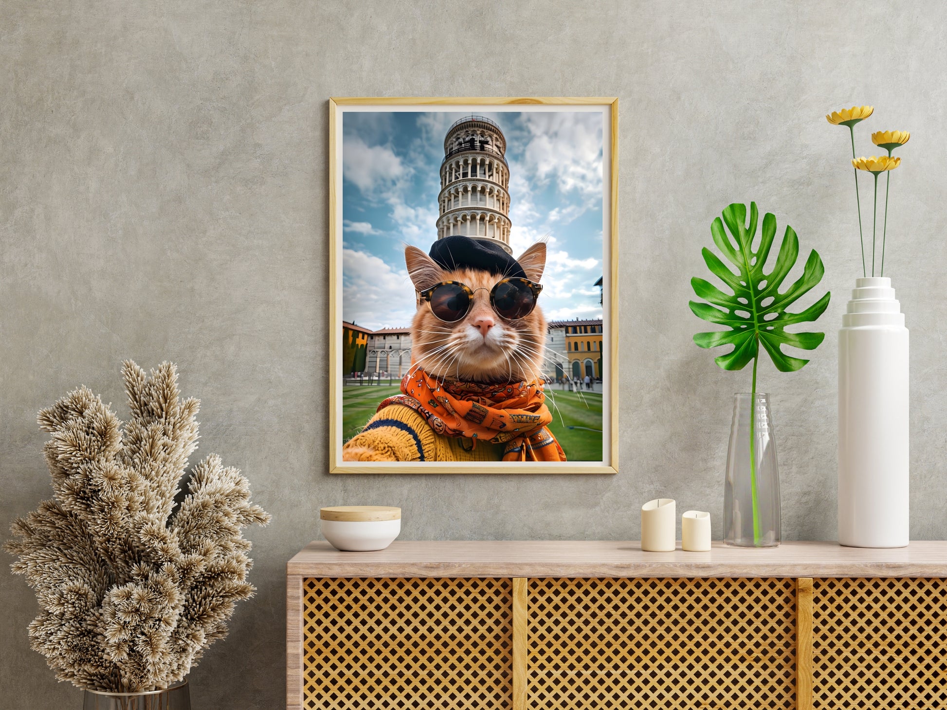 Digital art print of a fashionable feline by the Leaning Tower of Pisa.

