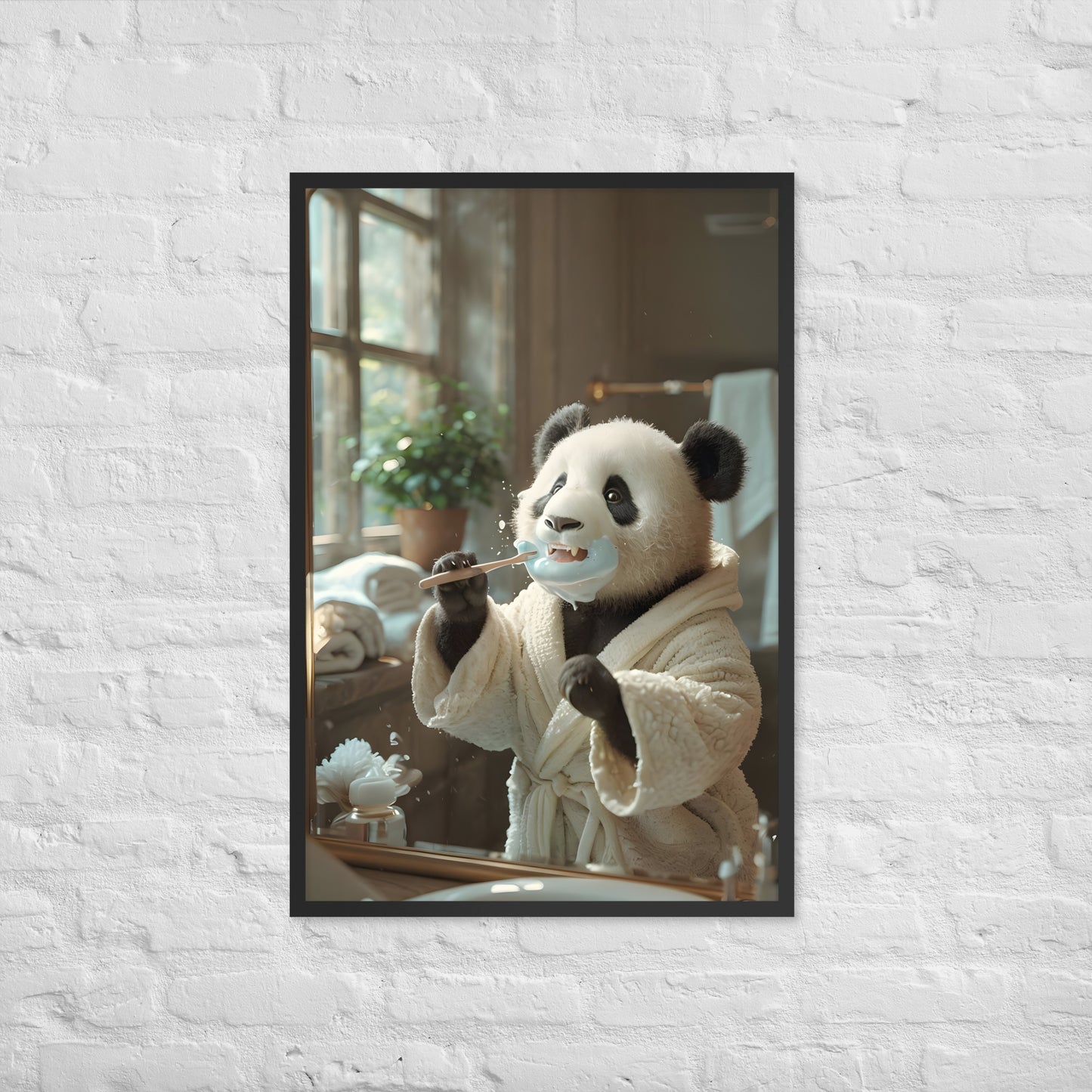 A portrait of the Panda in a bright, sunlit bathroom, ideal for adding warmth to a room.