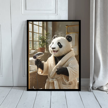 A full-view of the print showcasing the bright, sunny bathroom setting and the playful Panda.