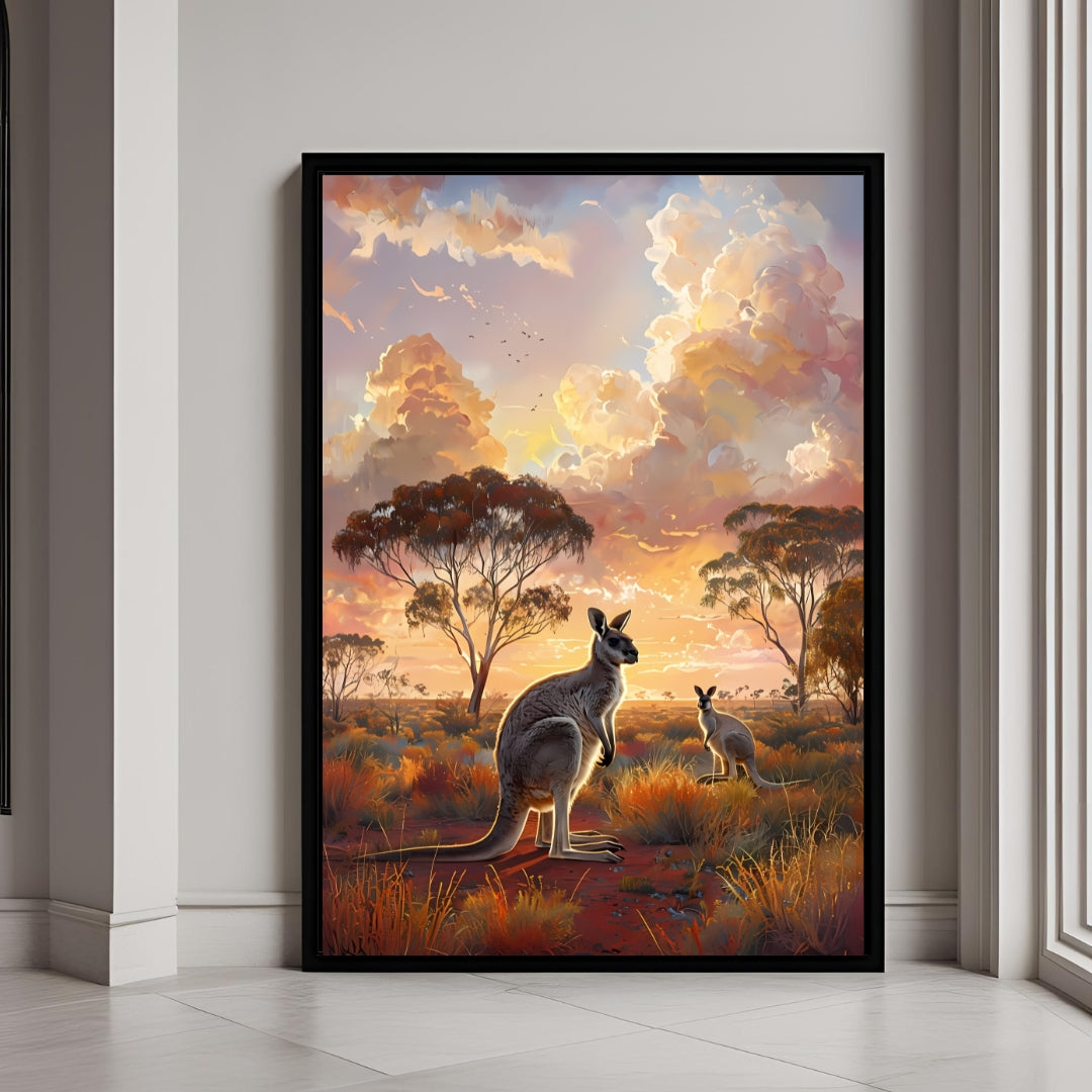 A beautiful framed art print of two kangaroos in the Australian Outback during a vibrant sunset.