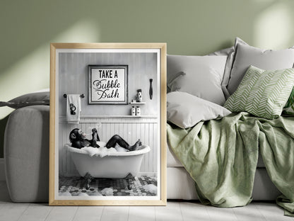 A quirky digital art print showing a monkey in a relaxing, spa-like setting

