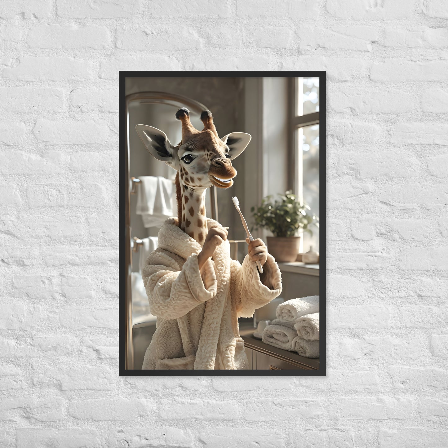 A charming portrait emphasizing the giraffe's height and elegant stance in the bathroom.