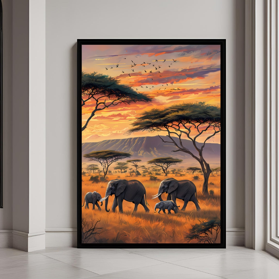 A beautiful framed art print of an elephant family walking in the African savannah at sunset.