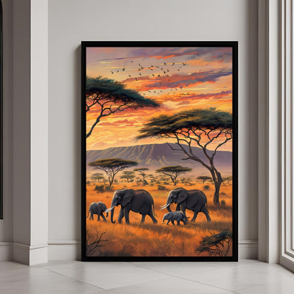 A beautiful framed art print of an elephant family walking in the African savannah at sunset.