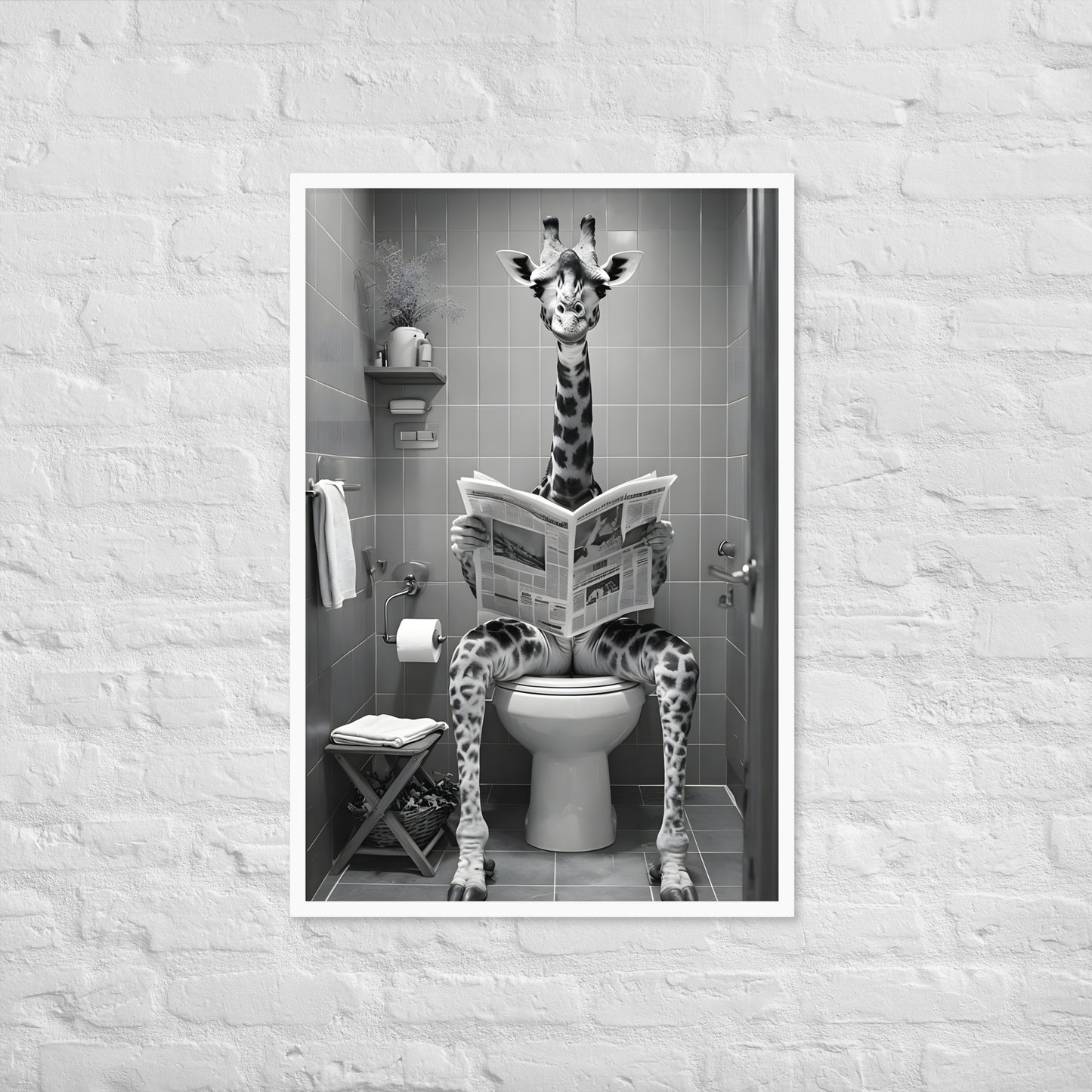 A final view of the framed print, blending timeless black and white style with whimsical humor.
