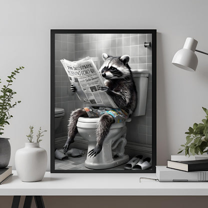 An angled shot of the framed art, highlighting the detailed and realistic depiction of the raccoon.