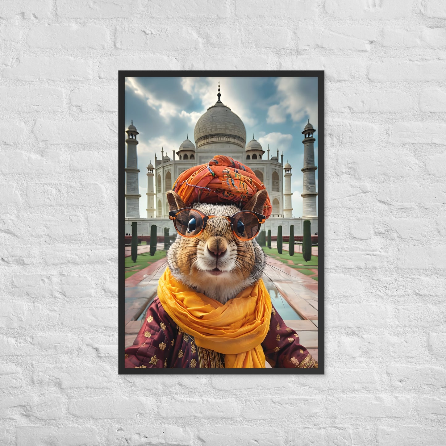 A humorous art print of a squirrel acting like a tourist in India, perfect for adding a fun touch to a living room or office.