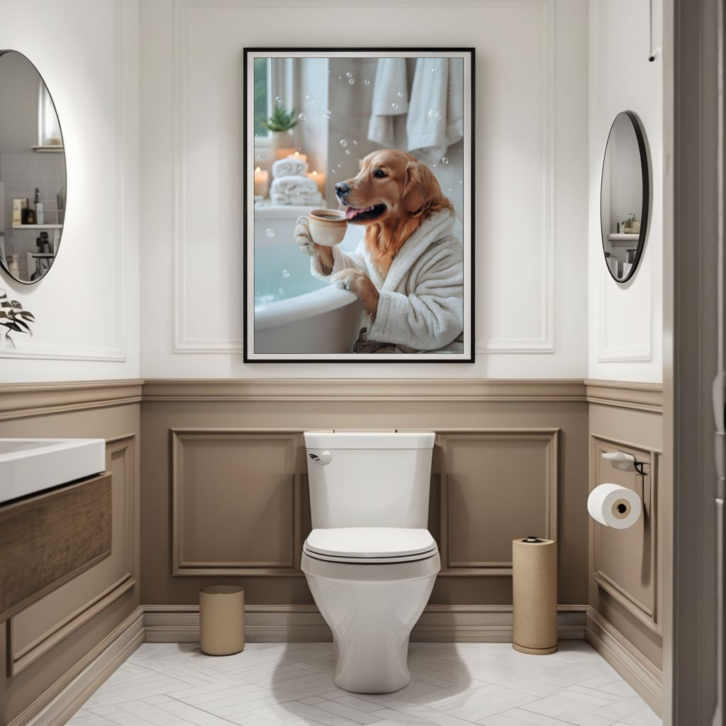 A serene and tranquil art print, showing the dog in a relaxing, spa-like bathroom setting.