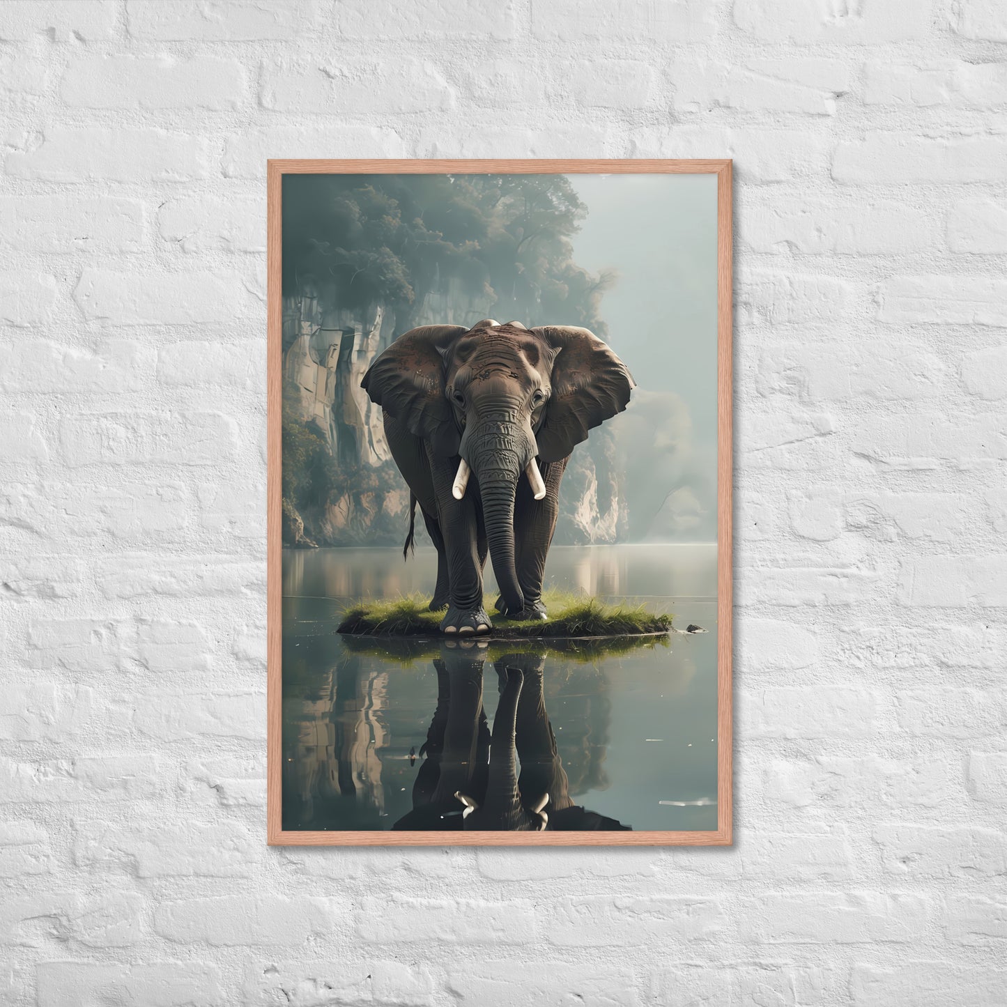 A close-up view highlighting the detailed reflection of the elephant in the calm, still water.