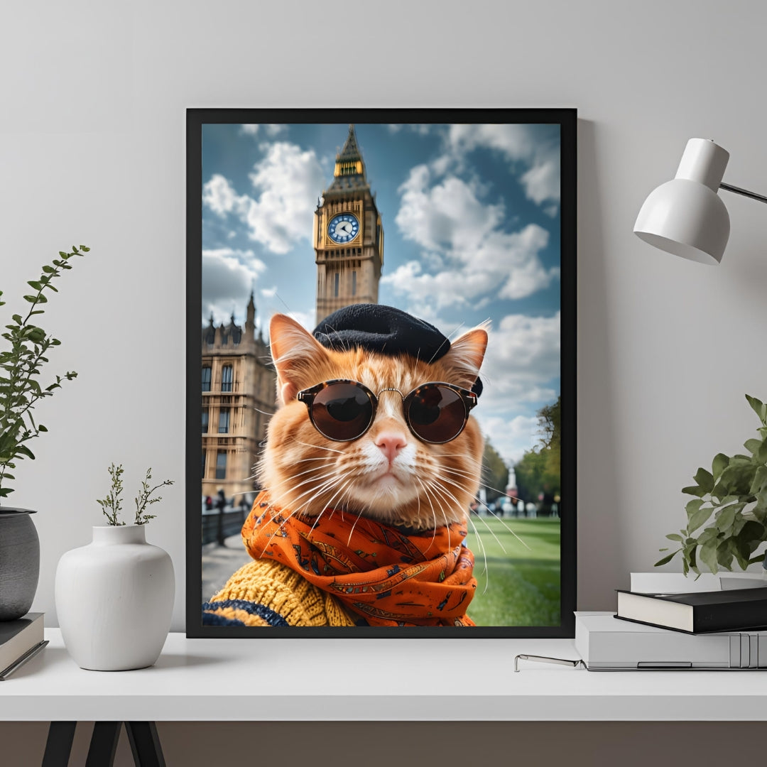 A wide shot of the framed print showcasing the cat's unique charm and its fit for any travel-themed wall.