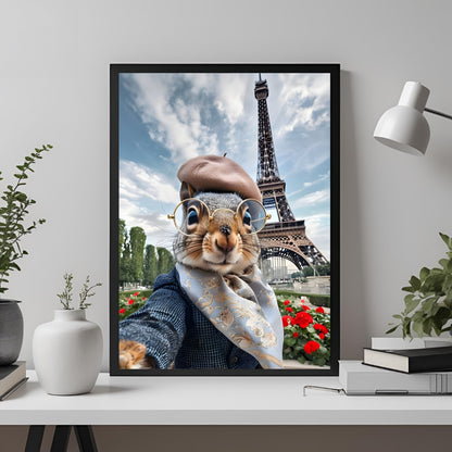A wide shot of the framed print showcasing the squirrel's unique charm and its fit for any travel-themed wall.