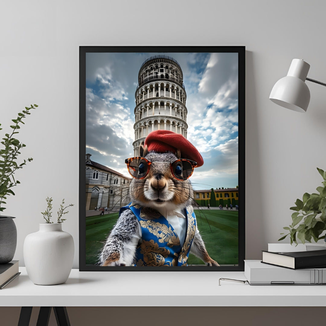 A wide shot of the framed print showcasing the squirrel's unique charm and its fit for any travel-themed wall.