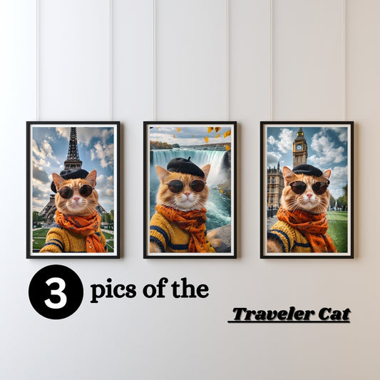 Traveler Cat – Set of 3 Whimsical Wall Art Prints (Paris, Niagara, London)