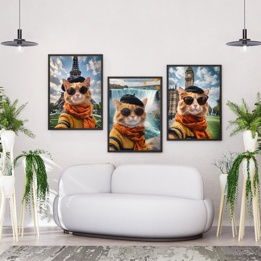 Traveler Cat – Set of 3 Whimsical Wall Art Prints (Paris, Niagara, London)