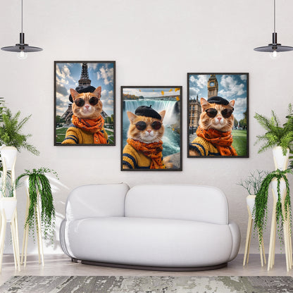 Traveler Cat – Set of 3 Whimsical Wall Art Prints (Paris, Niagara, London)