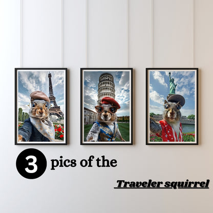 Traveler Squirrel Wall Art Set – Funny Animal Prints in Paris, New York, and Pisa