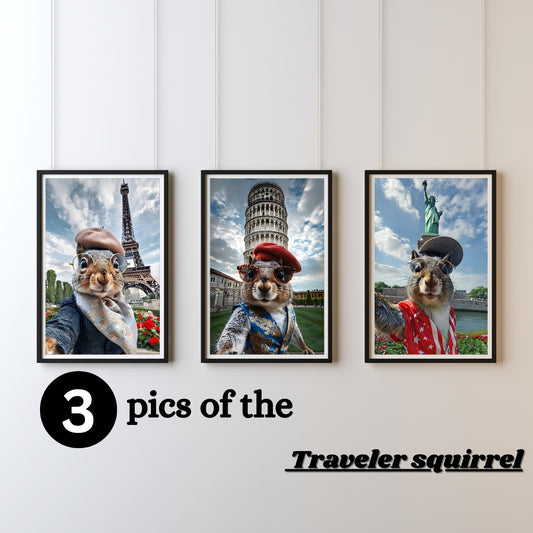 Traveler Squirrel Wall Art Set – Funny Animal Prints in Paris, New York, and Pisa