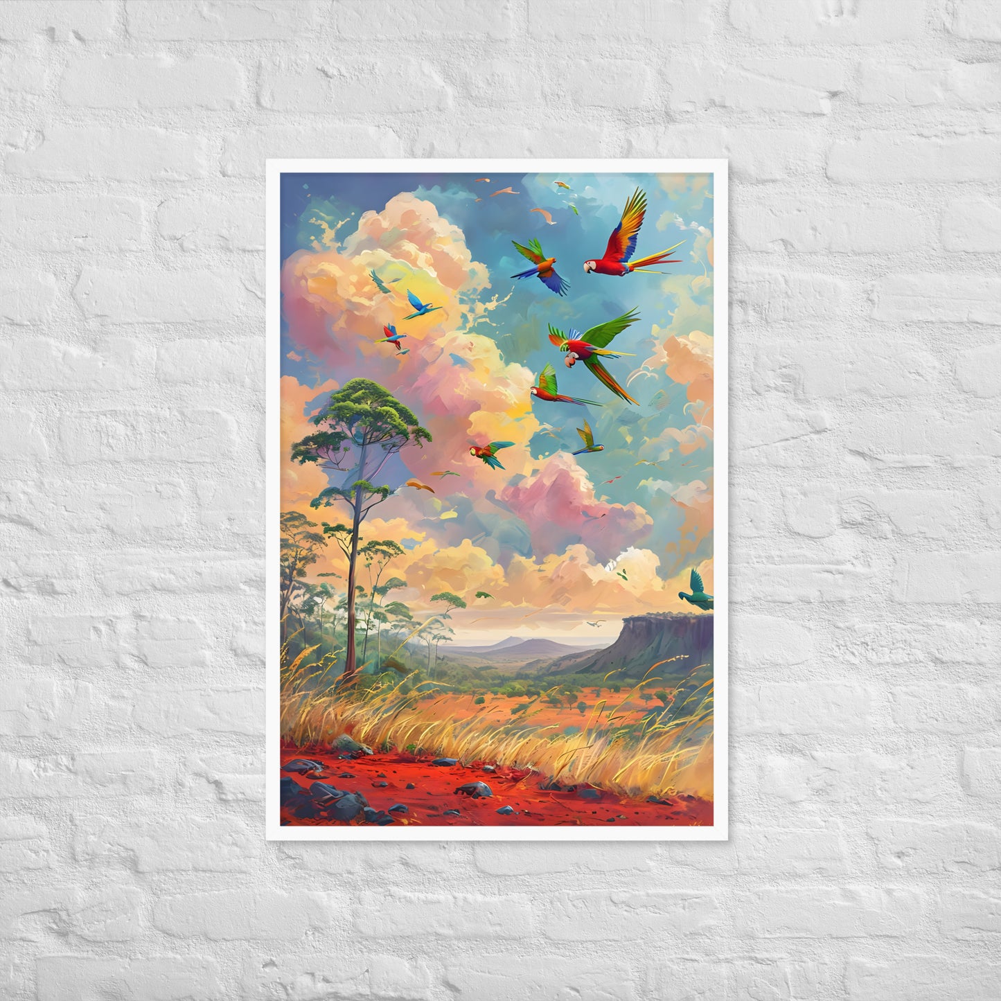 A wide shot of the framed art, showcasing the full, breathtaking beauty of the tropical scene.