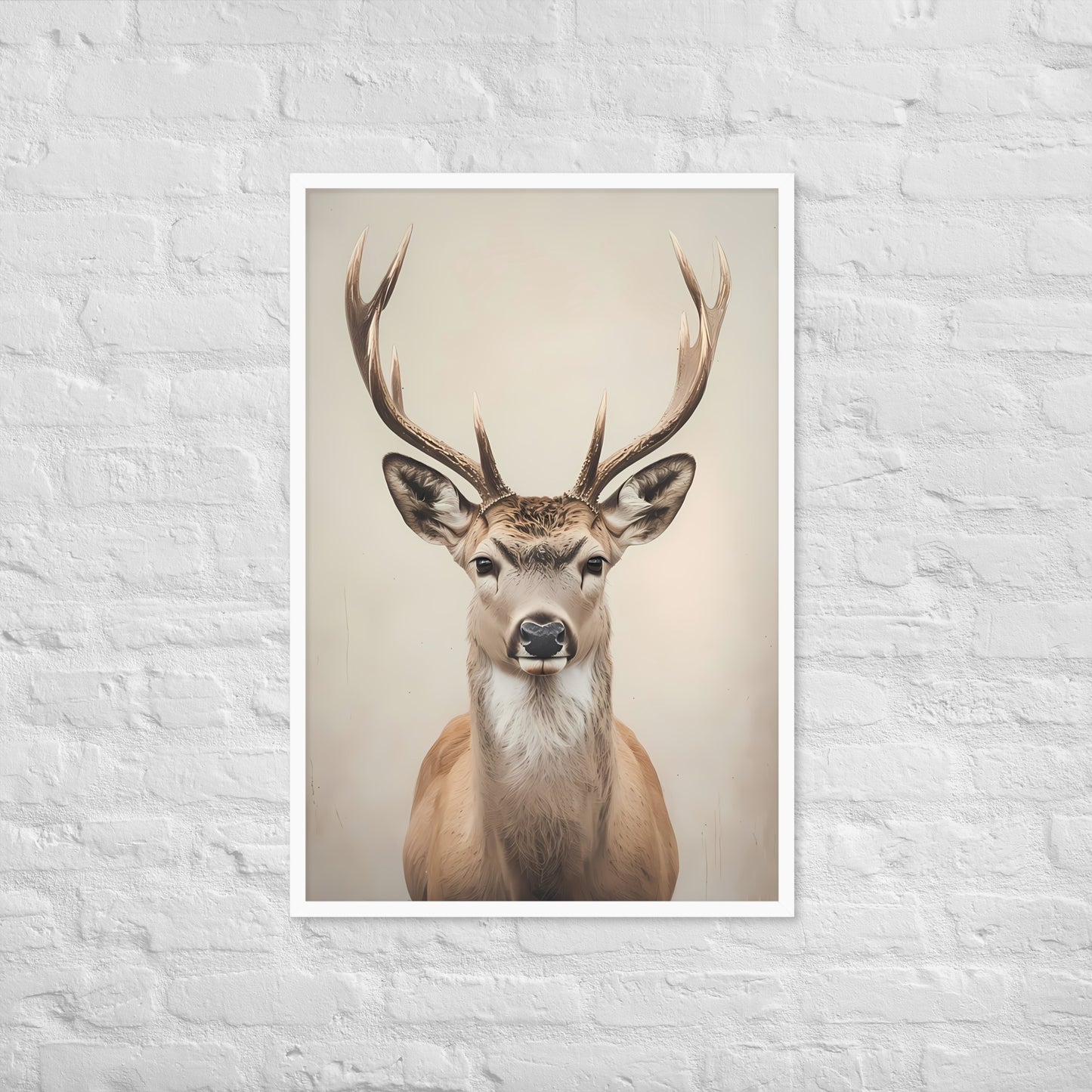 A wide shot of the framed art showcasing the stag's graceful charm, an ideal piece for any rustic or elegant-themed wall.