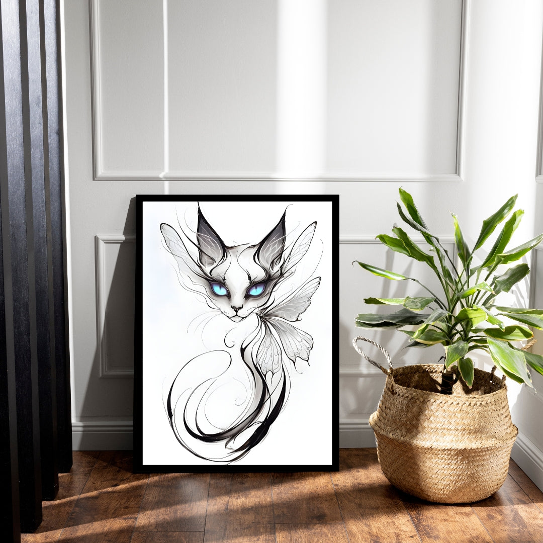 An angled shot of the framed art, highlighting the intricate swirling lines and whimsical charm of the butterfly cat.