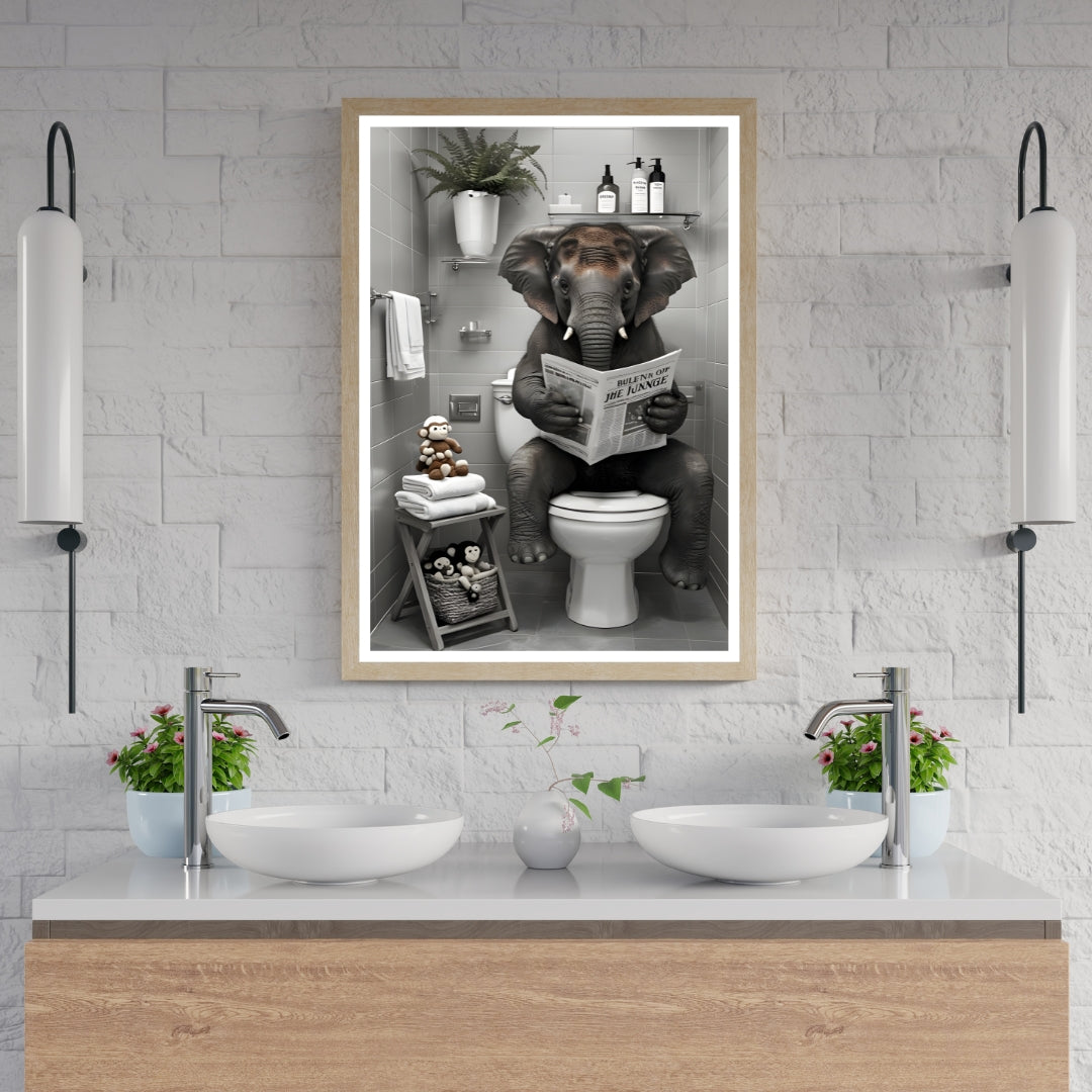 Bathroom with a framed picture of an elephant reading a newspaper on a toilet.