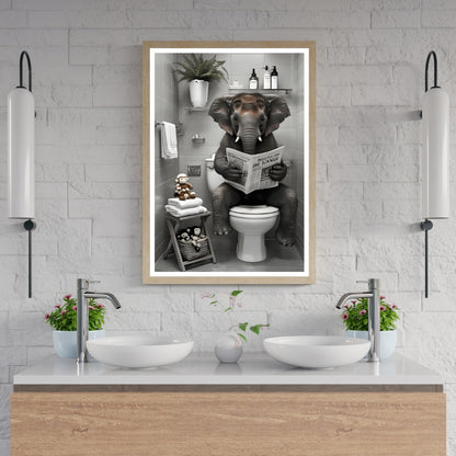Bathroom with a framed picture of an elephant reading a newspaper on a toilet.