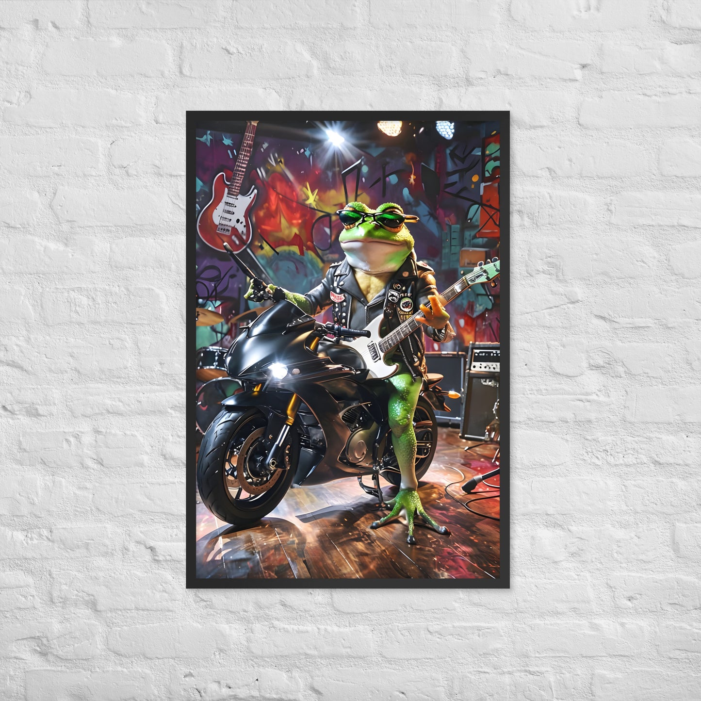 A vibrant and unique framed art print of a rockstar frog, ideal for a man cave, game room, or quirky space.