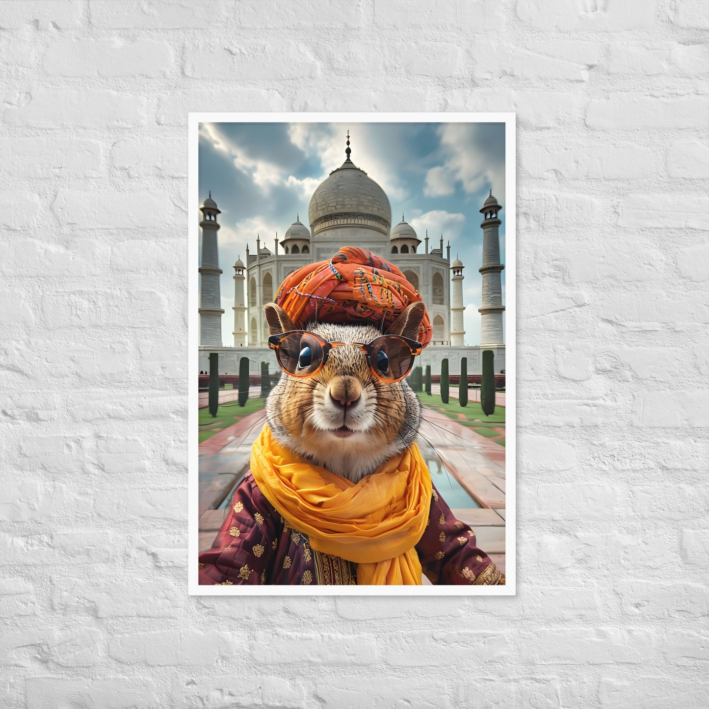 A wide shot of the framed art showcasing the squirrel's unique charm, an ideal piece for any travel-themed wall.