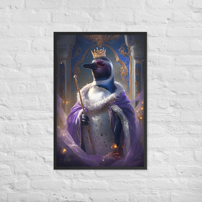 A vibrant and unique framed art print of a regal penguin, perfect for a modern and quirky space.