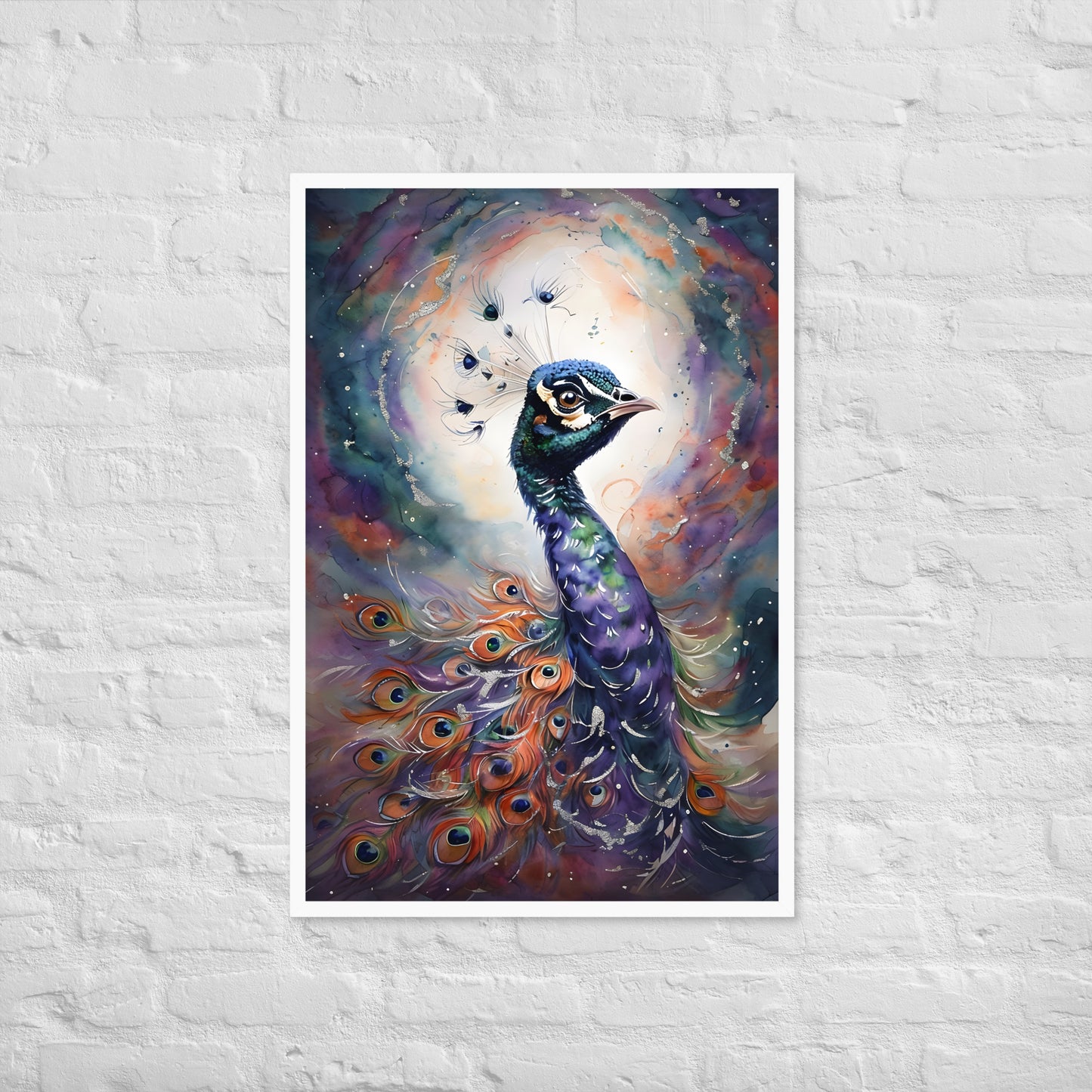 A wide shot of the framed art, showcasing the full beauty of the watercolor paint and its bold colors.