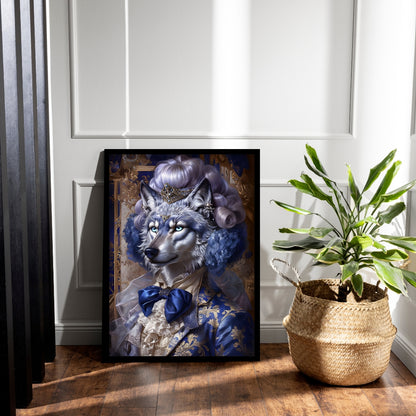 A full-view shot of the framed wolf print, showcasing the intricate details and its unique, whimsical style.