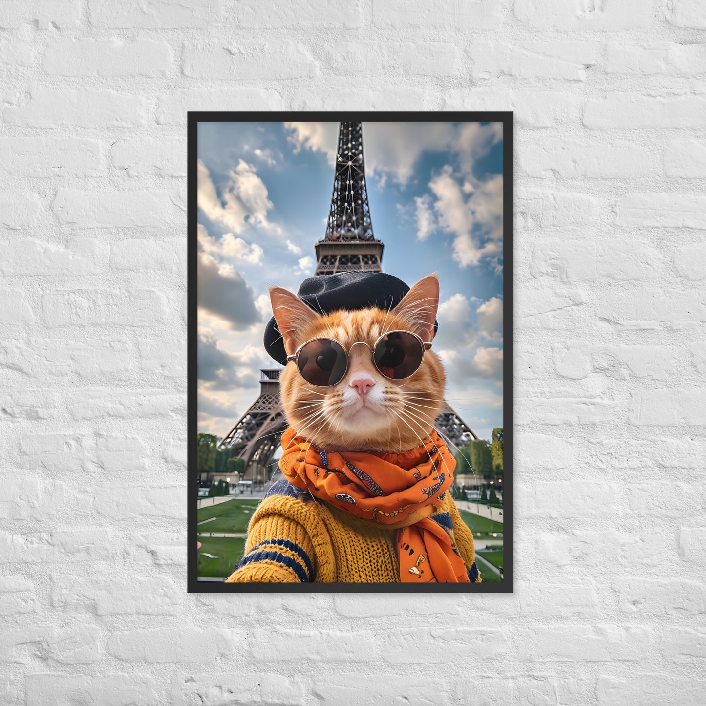 A full-view shot of the framed print, showing a charming cat with the Eiffel Tower in the background, a perfect piece of urban art.