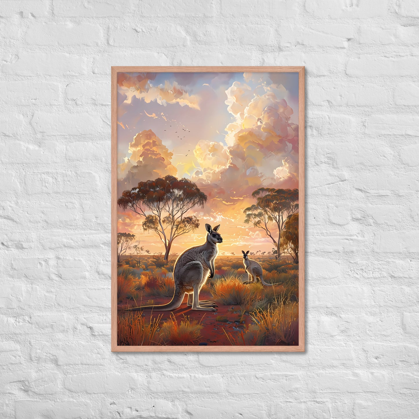 A wide shot of the framed art, showcasing the full beauty of the golden-hour scene, ideal for a living room.