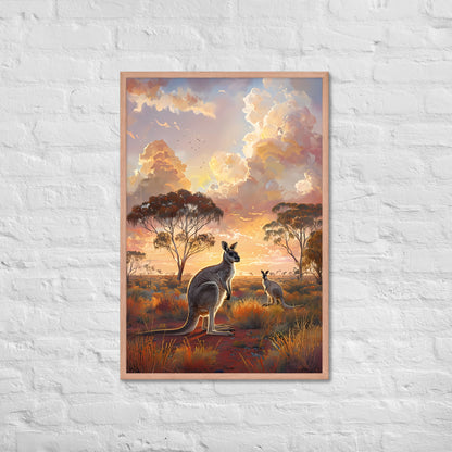 A wide shot of the framed art, showcasing the full beauty of the golden-hour scene, ideal for a living room.