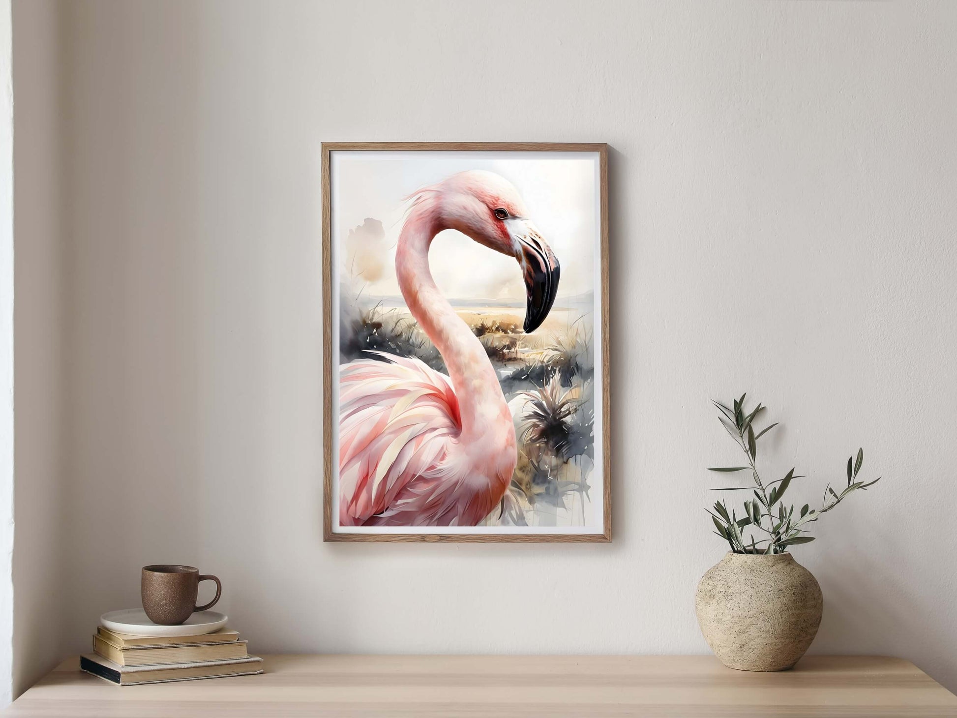 Vibrant and colorful flamingo wall art, created in an elegant watercolor style.

