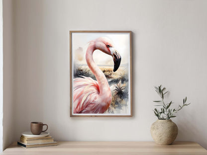 Vibrant and colorful flamingo wall art, created in an elegant watercolor style.


