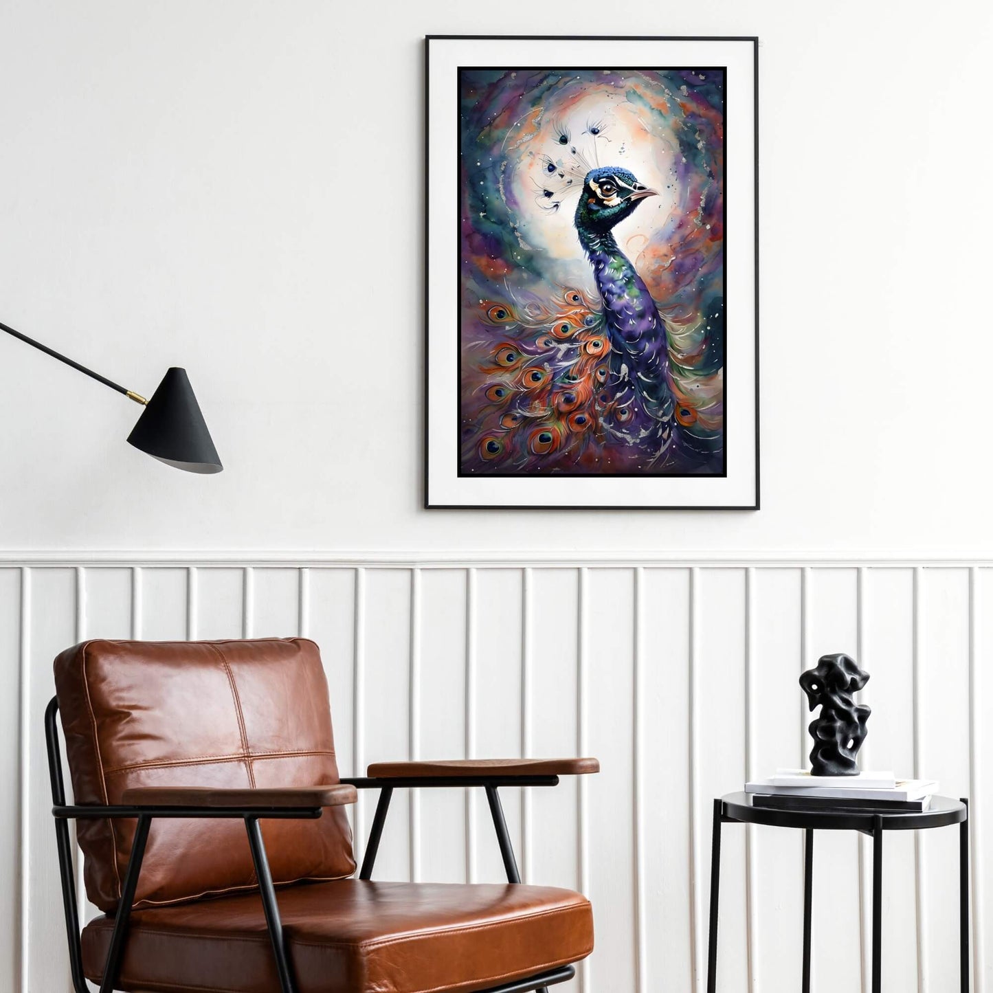 A high-quality painting of an elegant peacock, perfect for adding a pop of color to a room.