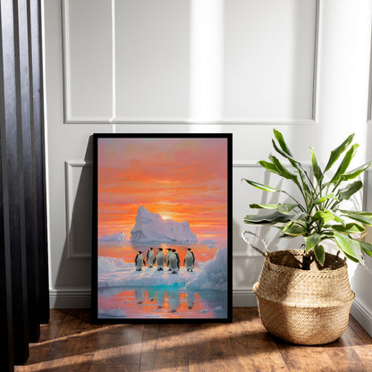 An angled shot of the framed art, highlighting the vibrant orange and pink colors of the sunset.