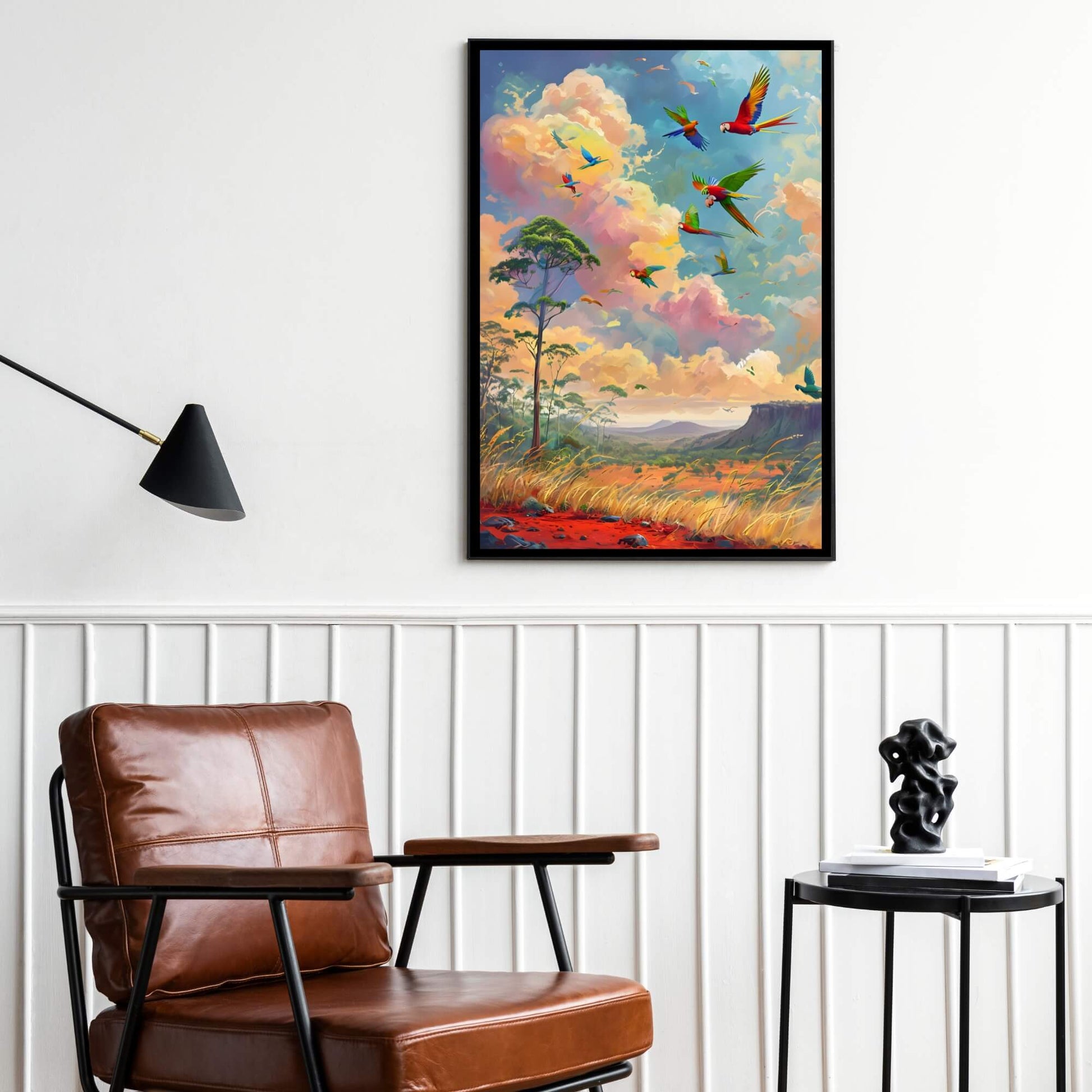 A high-quality, colorful painting of exotic birds with a dramatic, brightly-colored sky.