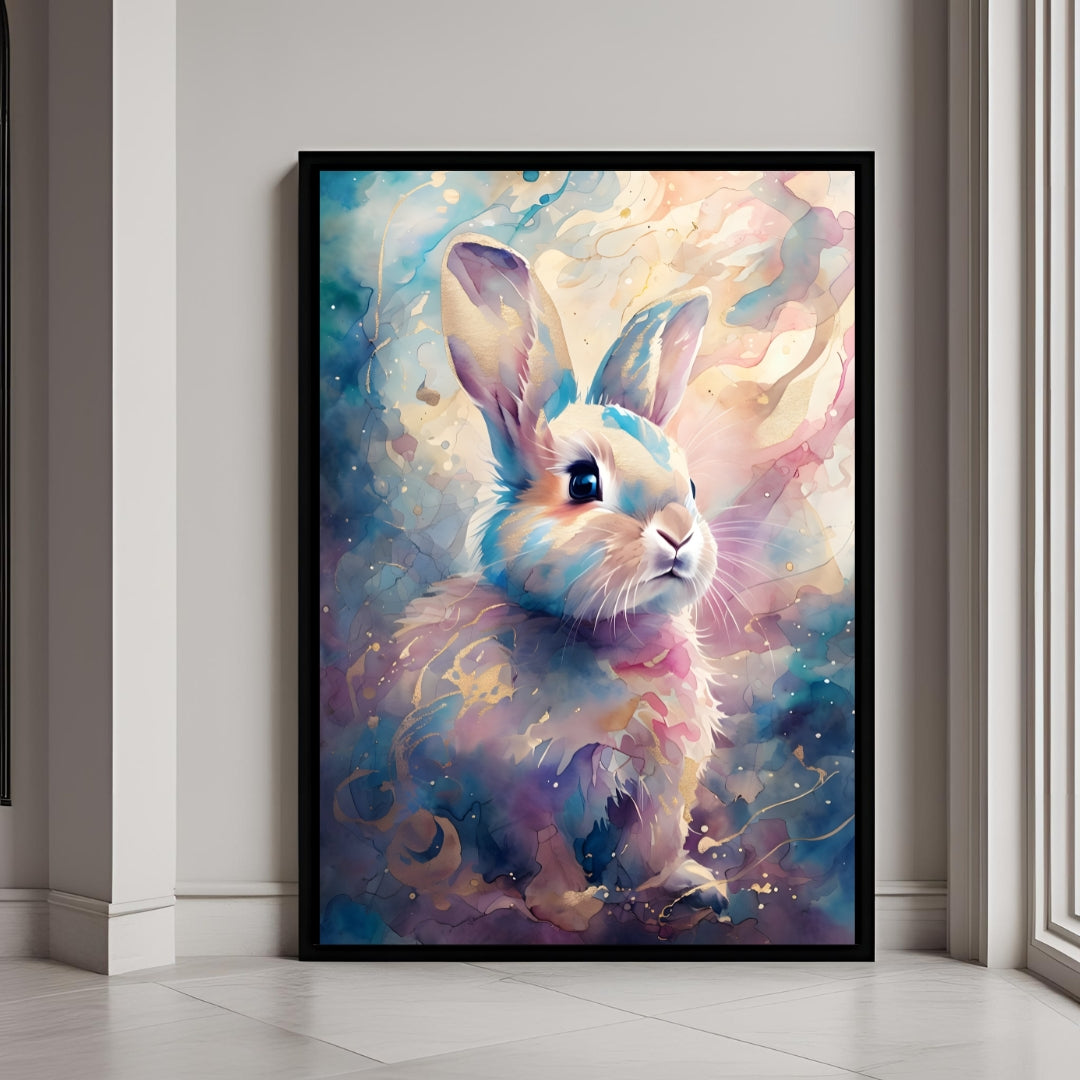 A beautiful watercolor art print of an adorable bunny with soft, pastel colors and gold accents.