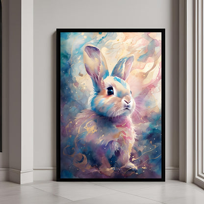 A beautiful watercolor art print of an adorable bunny with soft, pastel colors and gold accents.