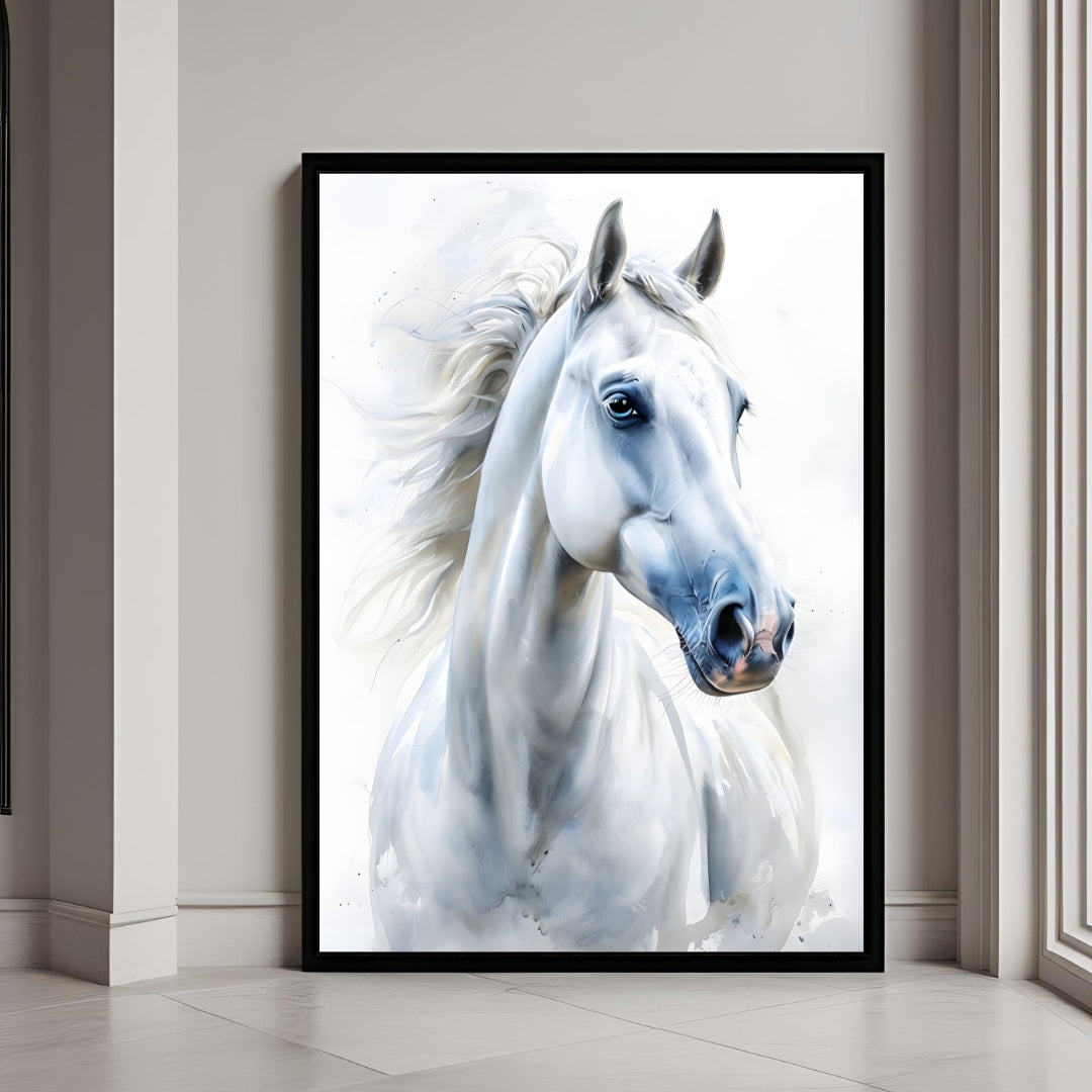 A beautiful framed art print of a white horse in a soft, elegant watercolor style.