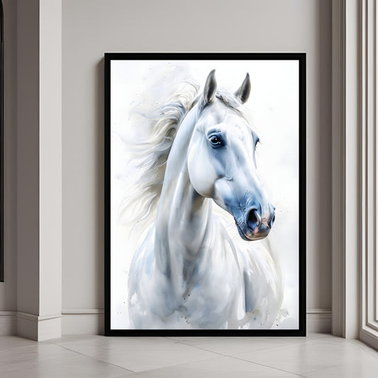 A beautiful framed art print of a white horse in a soft, elegant watercolor style.