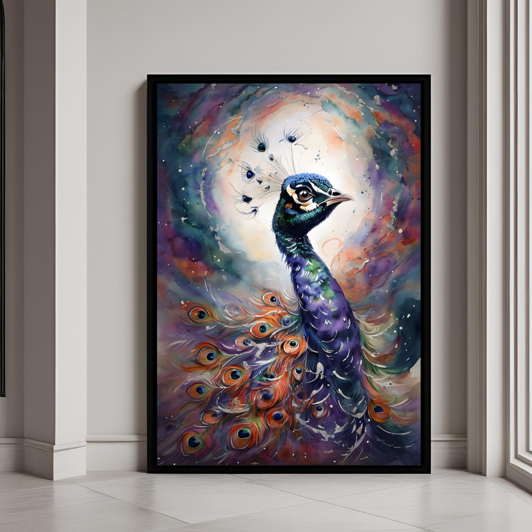 A beautiful watercolor art print of a majestic peacock with vibrant feathers.