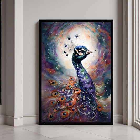 A beautiful watercolor art print of a majestic peacock with vibrant feathers.