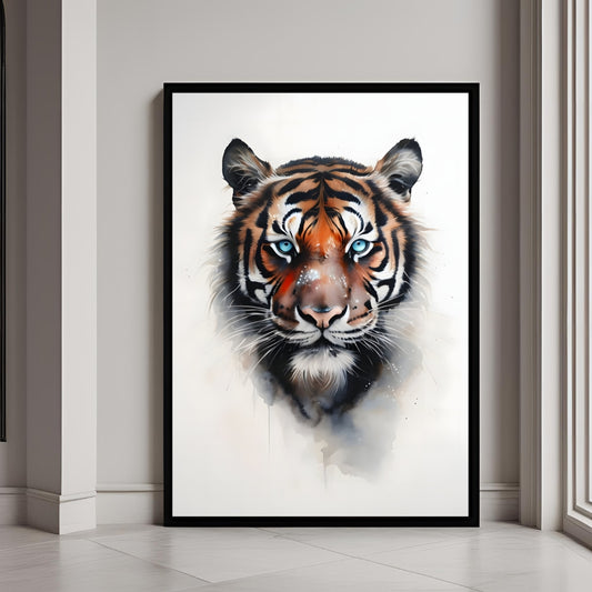 A beautiful framed art print of a magnificent tiger in a full-body watercolor style with blue eyes.