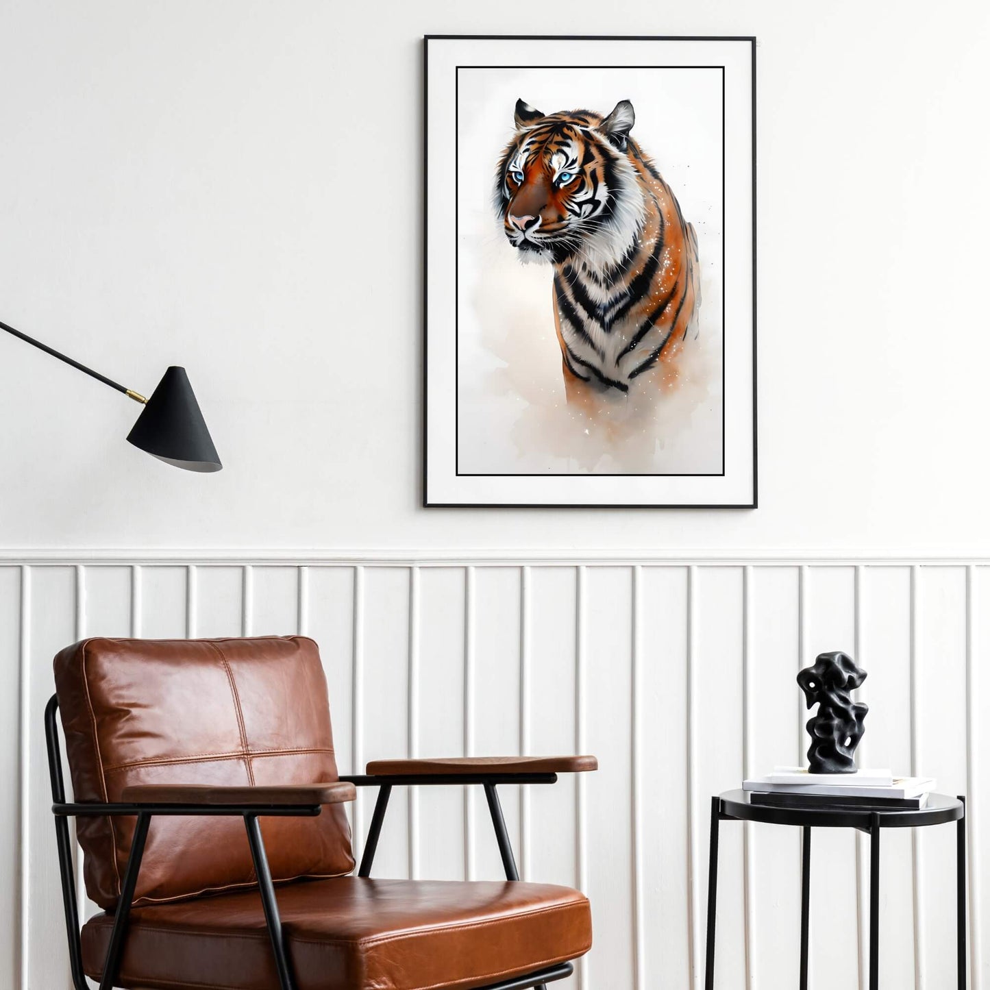 A stunning high-quality watercolor print of a tiger with vibrant colors and powerful details.

