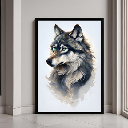 A stunning framed art print of a wolf with sparkling green eyes in a watercolor style.